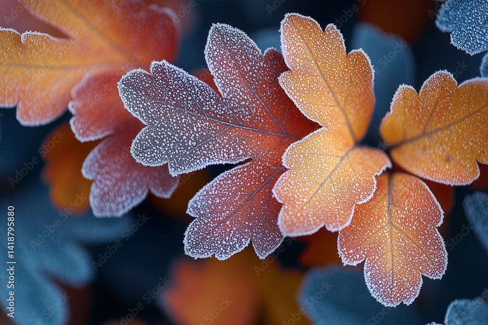 Frosted Leaves: A close-up of autumn leaves lightly dusted with frost, capturing the transition from fall to winter and the beauty of chilly mornings Frosted Leaves: A close-up of autumn leaves lightly dusted with frost, capturing the transition from fall to winter and the beauty of chilly mornings