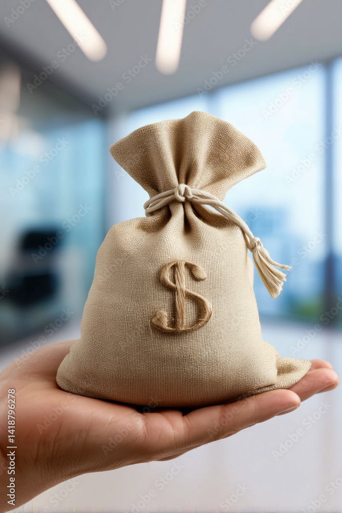 Hand holding a small beige money bag with a dollar sign against an office background.