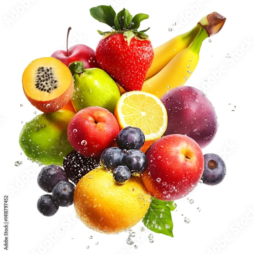 Fresh Fruit Mix on White Background with Grapes and Berries. Fruit mix on a white and transparent background, with grapes and blueberries, lemon, strawberry, orange, apple, and banana, PNG cutout.	
