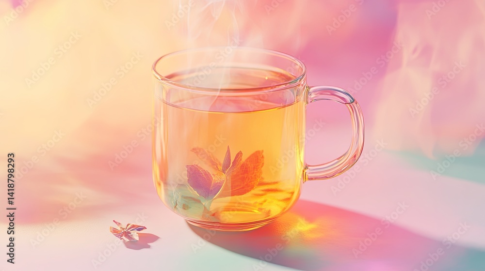 A fresh cup of herbal tea in a clear glass mug with steam rising, set on a pastel surface digital A fresh cup of herbal tea in a clear glass mug with steam rising, set on a pastel surface digital