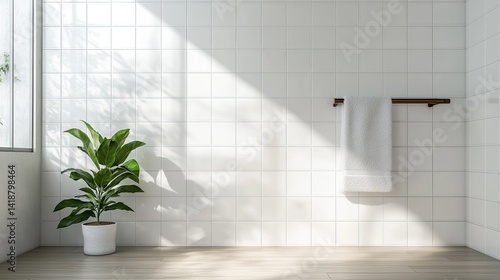 A clean, minimalist bathroom with white tiles, a towel rack, and a small potted plant digital