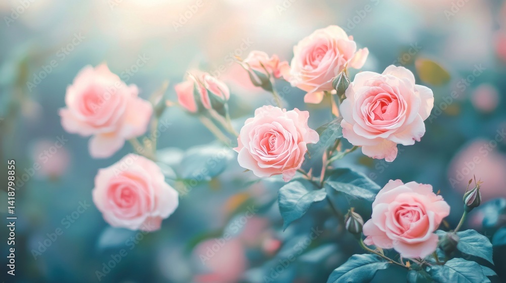 Fototapeta premium Soft Pink Roses in a Garden: A Dreamy Floral Scene