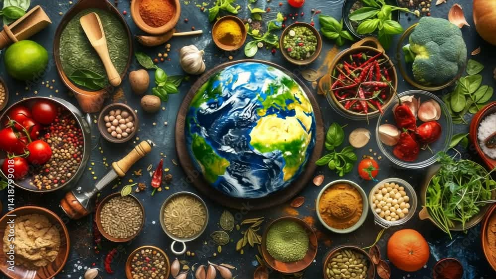 An artistic arrangement of diverse ingredients surrounding a globe, symbolizing global cuisine and flavors. An artistic arrangement of diverse ingredients surrounding a globe, symbolizing global cuisine and flavors.