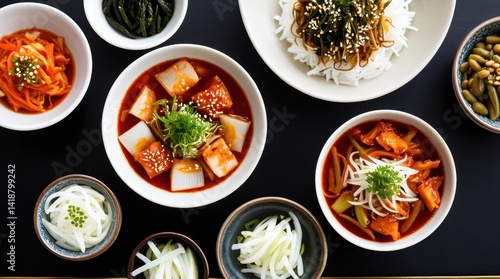 A vibrant array of Korean dishes featuring kimchi, assorted pickles, and noodle salads served in ceramic bowls on a dark background