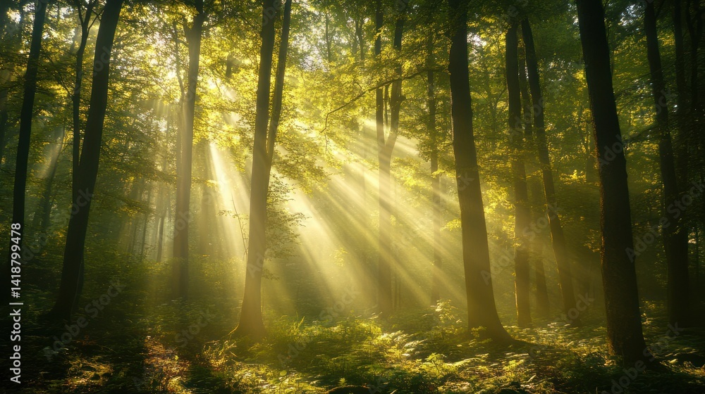 Sunbeams Illuminating a Misty Forest Sunbeams Illuminating a Misty Forest