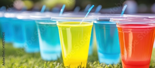 Wallpaper Mural Refreshing vibrant beverage lineup in plastic cups on sunlit grass backdrop Torontodigital.ca