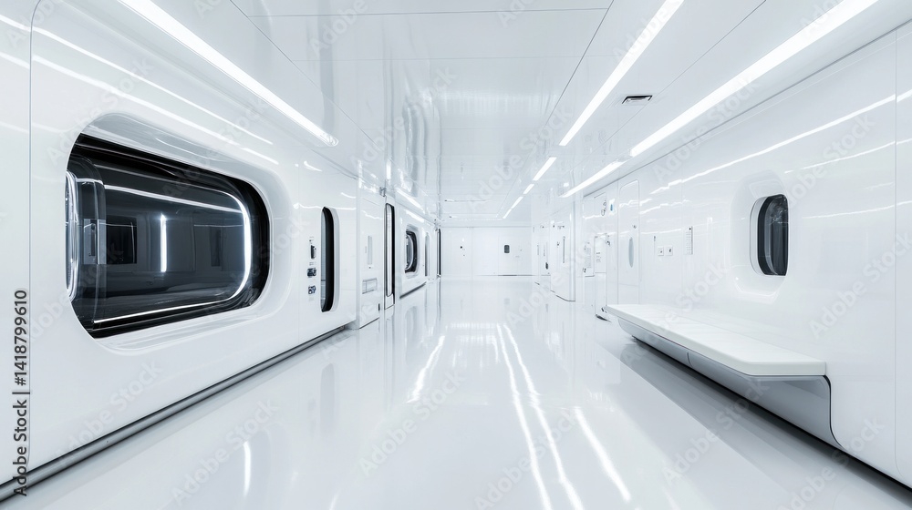 Sleek white futuristic lab corridor, clean, sterile environment Sleek white futuristic lab corridor, clean, sterile environment