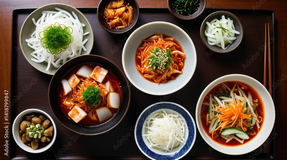A vibrant array of Korean dishes featuring kimchi, assorted pickles, and noodle salads served in ceramic bowls on a dark background A vibrant array of Korean dishes featuring kimchi, assorted pickles, and noodle salads served in ceramic bowls on a dark background