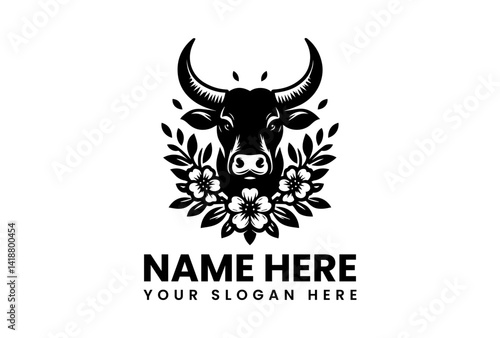 Strength and Serenity: A stoic bull, adorned with floral elements, embodies a logo representing resilience, stability, and organic beauty. A design for power and elegance.
