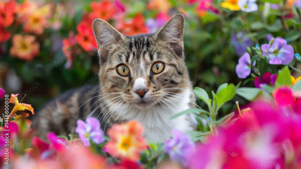 Cat in a Garden of Flowers Cat in a Garden of Flowers