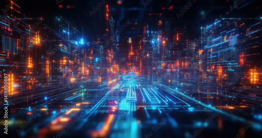 Fototapeta premium futuristic cyberpunk digital cityscape glowing circuitry neon blue orange technology network data flow grid connection innovation analysis electronic microchip digital structure