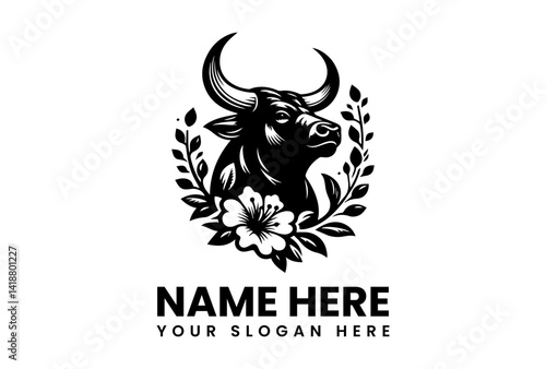 Strength and Serenity: A stoic bull, adorned with floral elements, embodies a logo representing resilience, stability, and organic beauty. A design for power and elegance.
