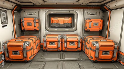 Fototapeta Naklejka Na Ścianę i Meble -  Orange storage crates in spaceship room