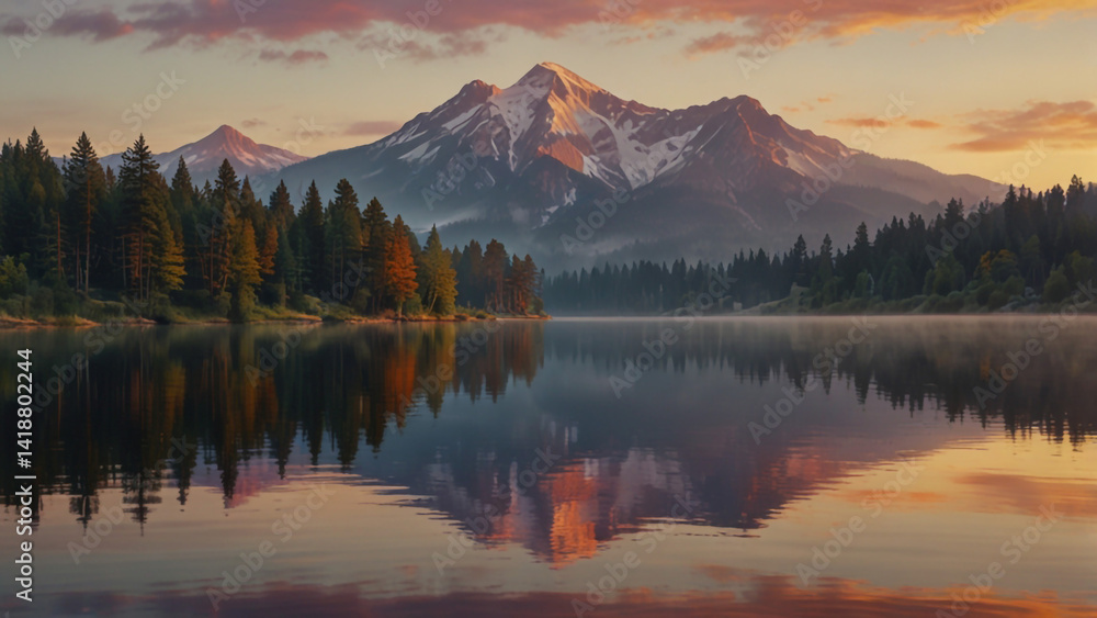 Fototapeta premium Reflection of Mountain on Calm Lake – 4K Ultra HD Nature Wallpaper8K Dreamlike Mountain Scene with Mirror Water – Perfect Desktop BackgroundHigh-Resolution Mountain Landscape with Lake – 4K Nature