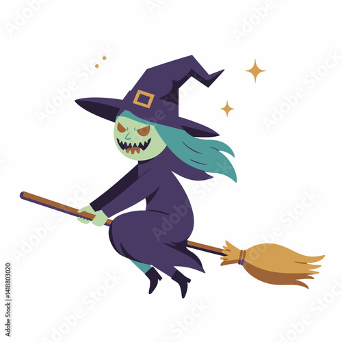 Vector illustration of witch with her broom stick wearing pointy hat flying across the sky and stars isolated on white background