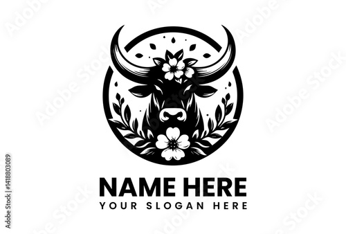 PrintStrong Bull Emblem: A formidable bull, crowned by a majestic floral and bird motif, symbolizes strength and resilience, ideal for representing nature.
