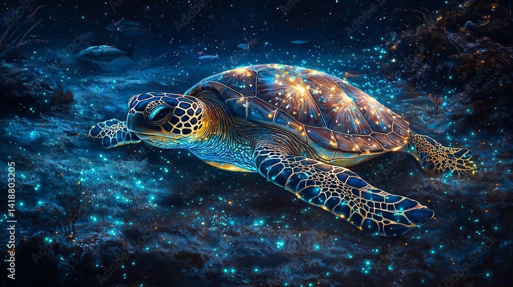 Obraz premium Celestial Sea Turtle Glows in Ocean Depths