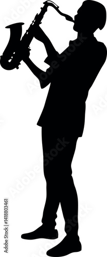 Silhouette Of Man Playing Saxophone, Stylish, Black and White, Musical Instrument