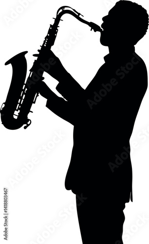 Silhouette of Musician Playing Saxophone in Suit, Monochrome, Jazz Performance