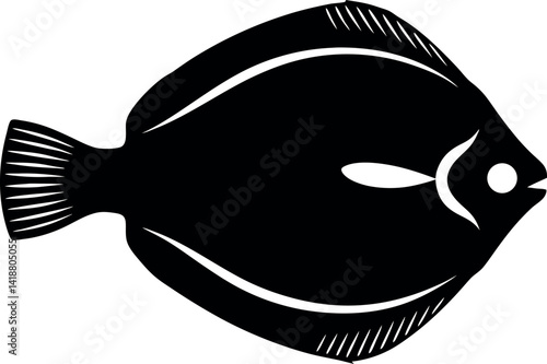 Black Flatfish Icon on White Background, Isolated Fish Silhouette, Minimal Flat Design