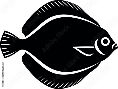 Flatfish Silhouette, Black and White Fish Shape, Sea Animal Illustration, Flounder