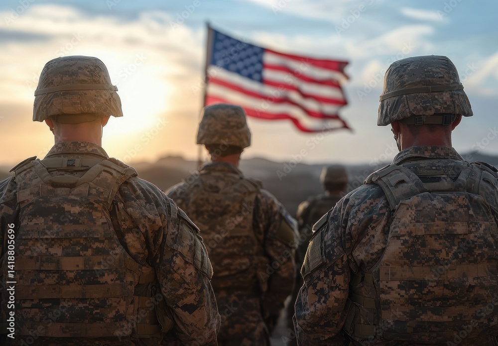 American Soldiers Standing with Back to Camera Facing Waving Flag USA Military Scene Veterans Tribute American Soldiers Standing with Back to Camera Facing Waving Flag USA Military Scene Veterans Tribute