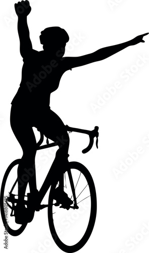 Black Silhouette of Female Cyclist with Arms Raised on White Background. Sporty