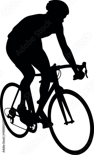 Cyclist Silhouette Riding Bicycle Road Bike, Athlete, Helmet, Black and White Art
