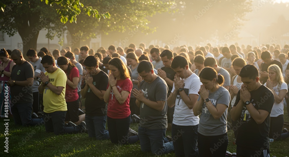Fototapeta premium Group of people praying together outdoors in a large gathering on their knees