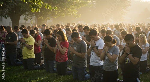 Group of people praying together outdoors in a large gathering on their knees