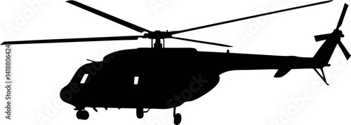 Black Silhouette of Military Helicopter with Spinning Blades Isolated on White Background