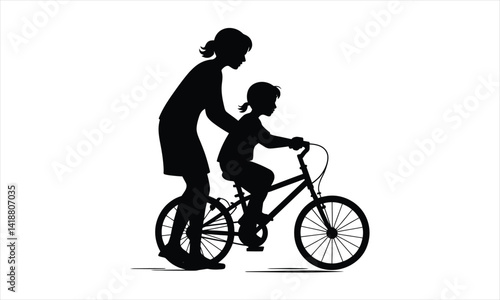Mother and Child on Bicycle Silhouette