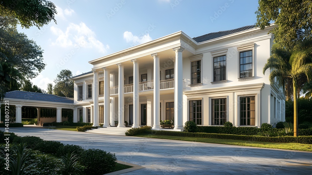 Obraz premium A colonial-style mansion with white columns and a long driveway