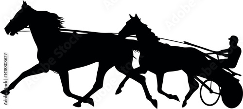 Two Horses Pulling a Sulky with Driver Silhouette on White Background. Equestrian Sport