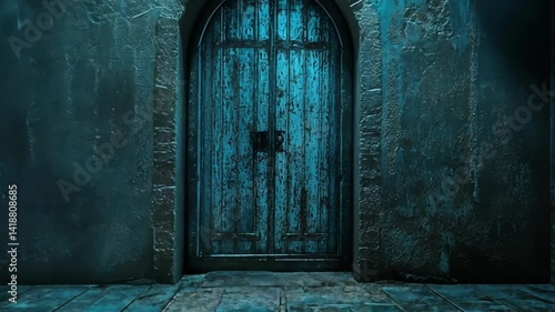 Old wooden doors stand between stone walls with textured surfaces and stone flooring, illuminated by dim blue light, creating an eerie atmosphere.