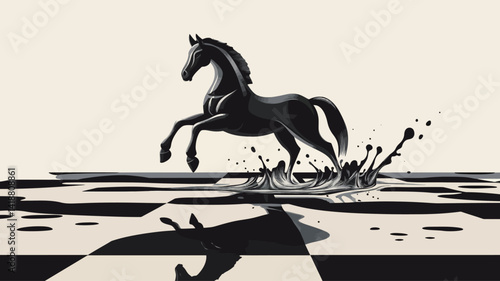 This image presents a stylized illustration of a black horse galloping in a dynamic pose across a stylized chessboard.