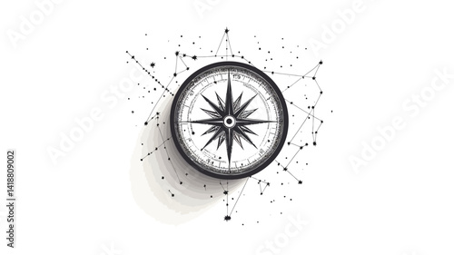A high resolution vector illustration of a classic compass rose in greyscale, centered on a pure white background.