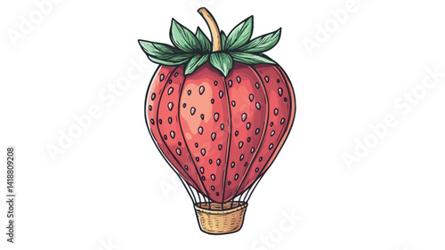A whimsical illustration of a strawberry-shaped hot air balloon. The balloon is hand-drawn.