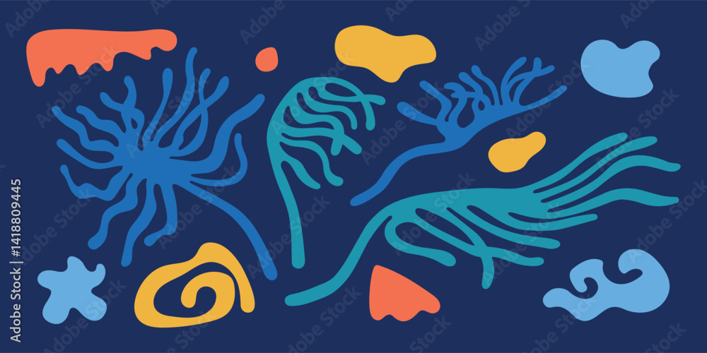 Fototapeta premium Vector minimal summer design elements set. Botanic beach holiday hand drawn naive flat illustrations — colorful groovy and wavy style for banners, flyers, posters, frames, modern wall art