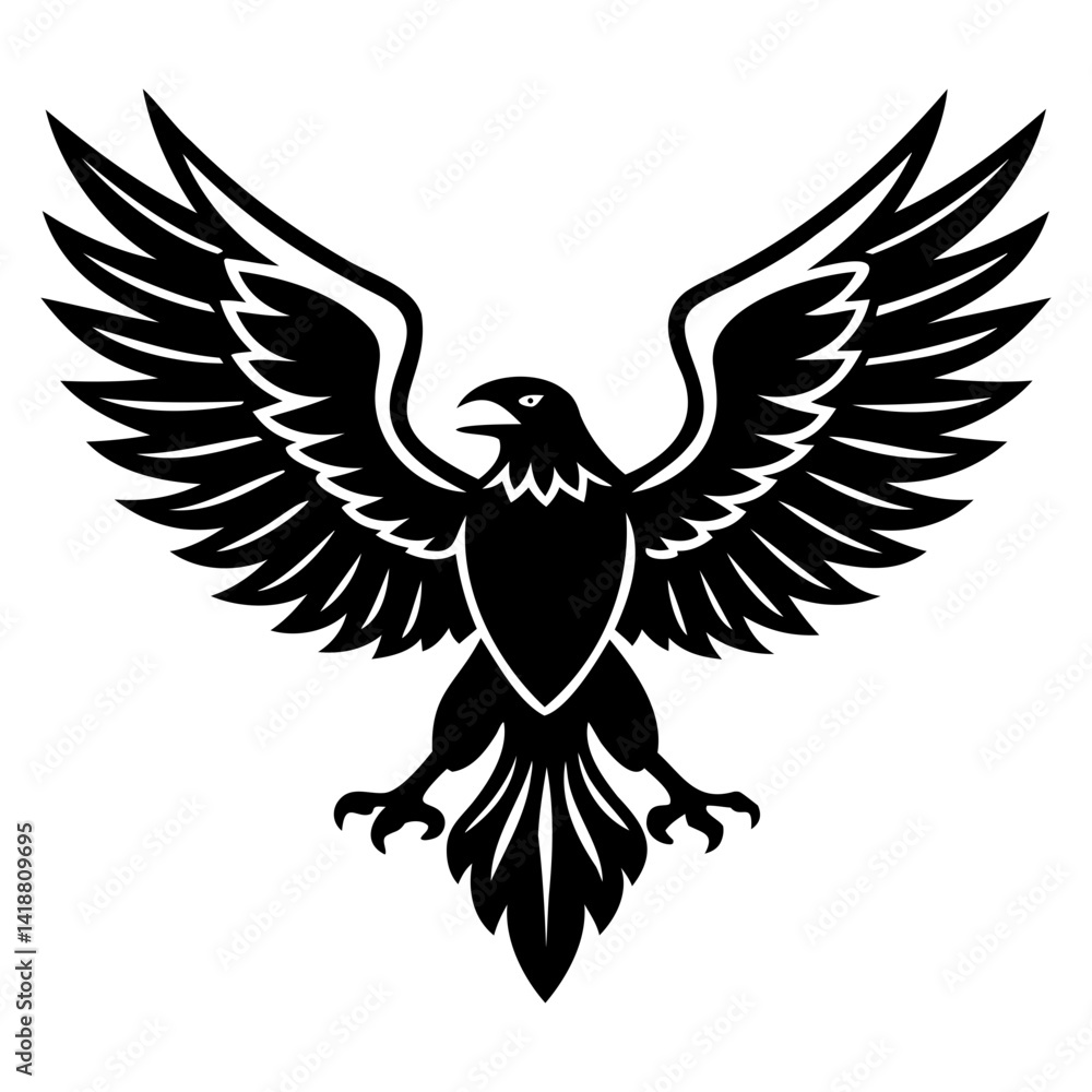 Fototapeta premium Black Silhouette of Eagle in Flight Majestic Descending Bird with Wings Wide Open on Transparent Background for Photoshop & Vector Projects