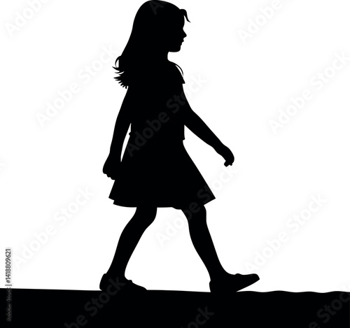 Black Silhouette of Girl Walking Forward, Full Body Profile View on Ground, Isolated
