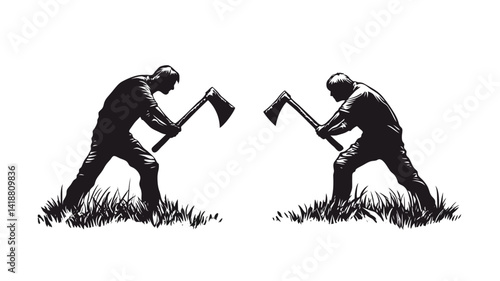 The artwork features a stylized illustration of two lumberjacks, sharply outlined in black and white against a white background.