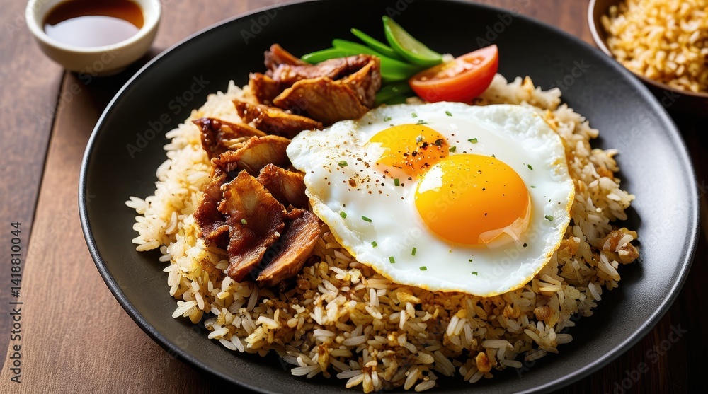 A delicious plate of fried rice topped with sunny-side-up eggs, crispy potato slices, savory meat, and peas, accompanied by fresh juice and garnished with herbs A delicious plate of fried rice topped with sunny-side-up eggs, crispy potato slices, savory meat, and peas, accompanied by fresh juice and garnished with herbs