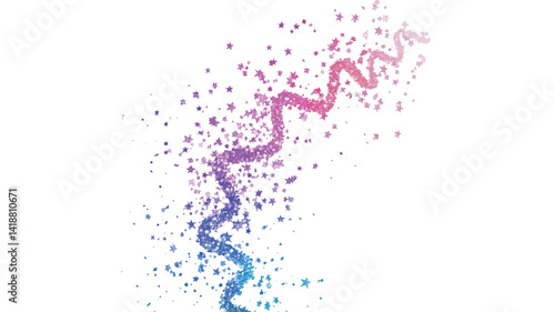 The image presents a dynamic composition of colorful particles arranged in swirling, streamlined shapes against a pure white background.