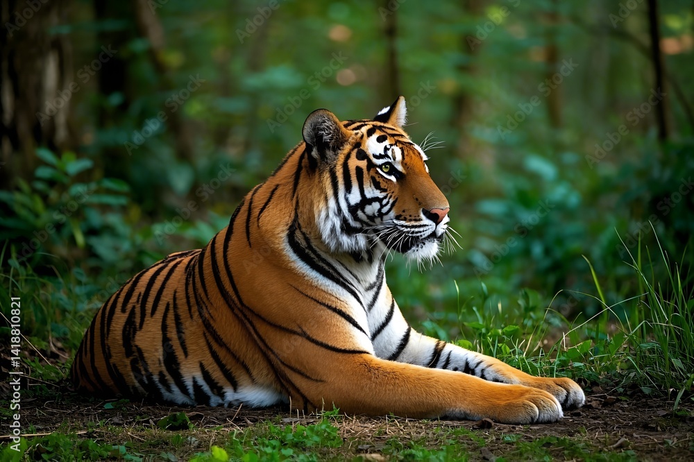 Obraz premium A beautiful striped big cat, a Bengal tiger, roams wild in its jungle nature and is also seen as a magnificent beast in the zoo