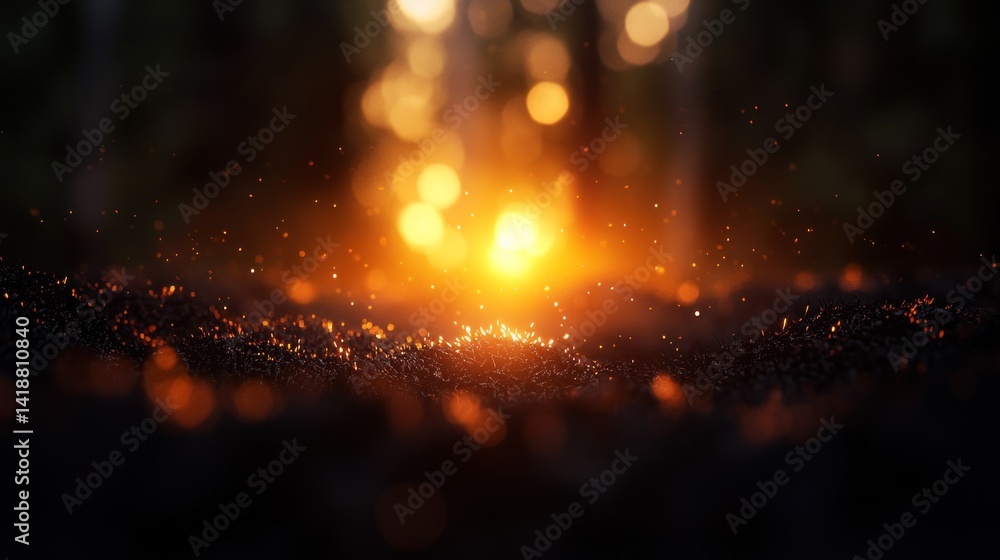 Naklejka premium Forest floor illuminated by golden light, sun rays, glowing particles