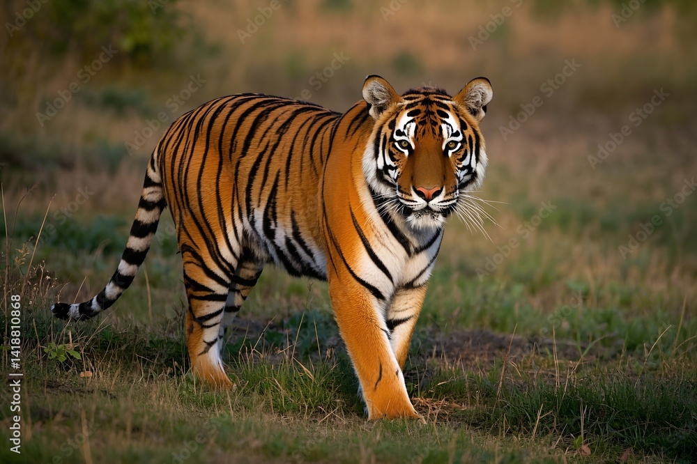 Fototapeta premium A striped bengal tiger, a wild feline predator, hunts in the tall grass of its jungle nature