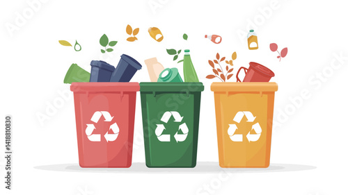 A vibrant digitally rendered illustration shows three different recycling bins, each rendered in bold, saturated hues.
