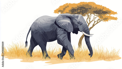 This image shows a digital painting or illustration of an African elephant walking across the golden savannah.