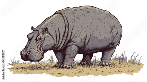 This image shows a detailed half-profile depiction of a hippopotamus. The illustration style features soft shading and textural details that suggest fur and skin.